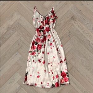 Vintage Floral Satin Slip Dress Red Rose Appliqué